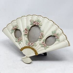 Fan Shaped Photo Frame‎ Cottagecore Picture Holder Roses Cream Gold Trim Vintage